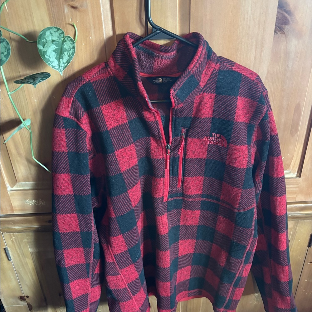 The North Face Men's Checkered Red and Black Quarter Zip-Up Sweater